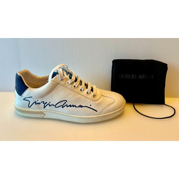 Giorgio Armani White Leather Sneakers Blue Signature, Size 7 (US) 37 (EU), NWOB!